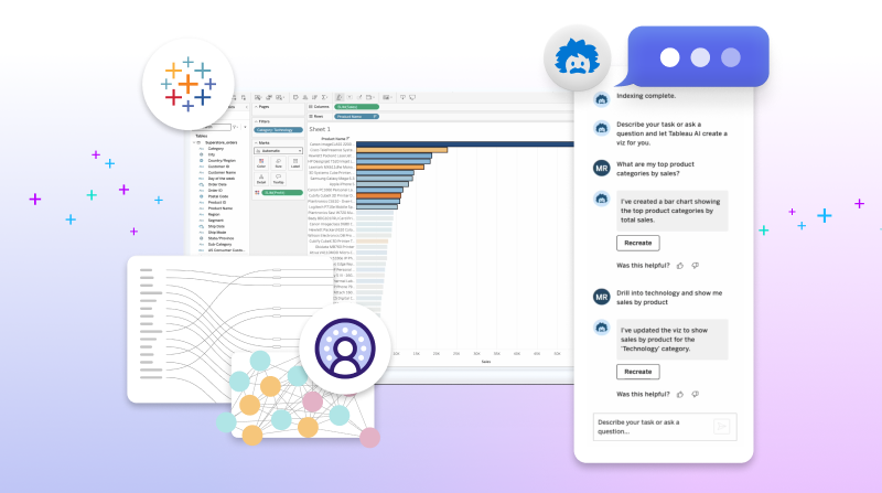 Screenshots von Tableau+ mit violettem Farbverlauf im Hintergrund